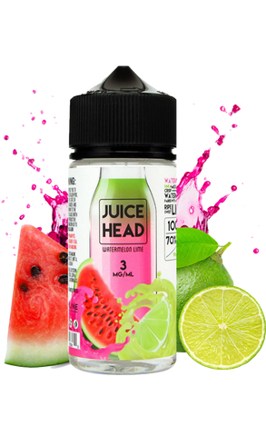 Juice Head Watermelon Lime 100ML Vape Juice plastic bottle surrounded by sliced watermelon and lime.