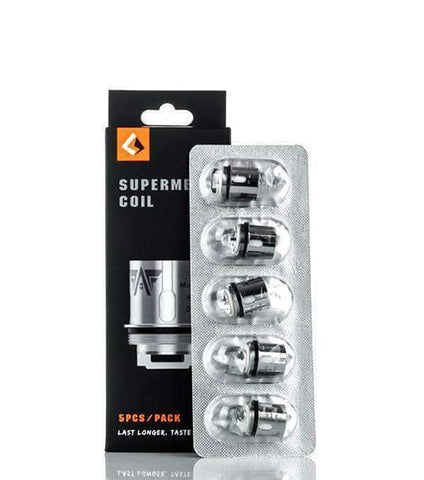 Geek Vape - Supermesh - Replacement Coils - standing black Supermesh box and 5-pack of coils beside it.