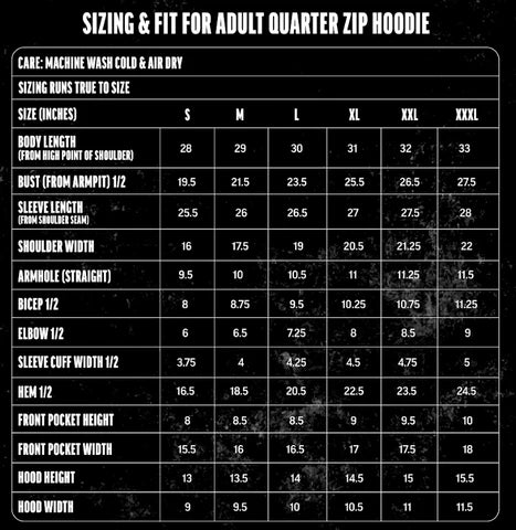 Baseball Hoodie size chart
