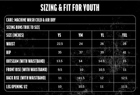 Youth Size Chart Baseball shorts