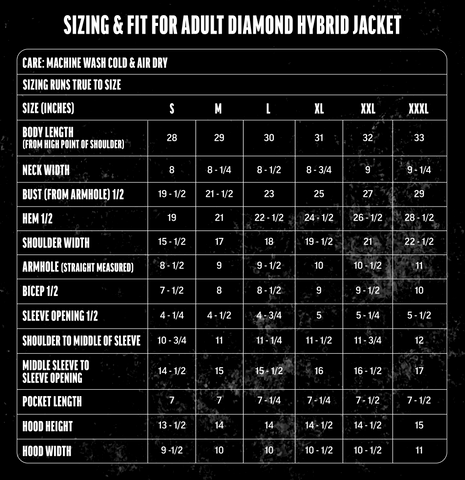 Baseball Jacket size chart