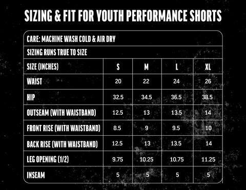 youth shorts sizing chart