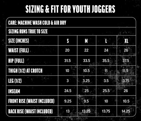 youth size chart joggers