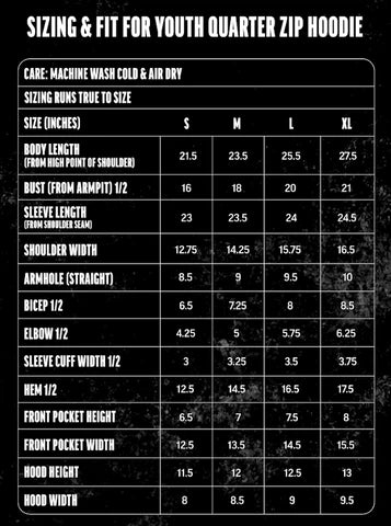 Youth hoodie size chart