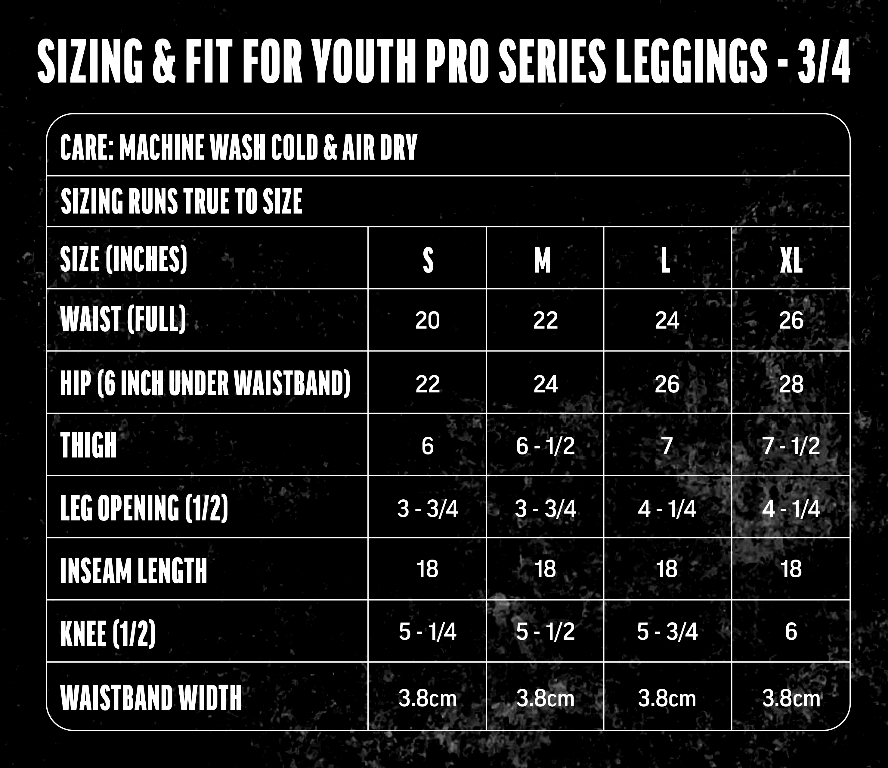 Youth size chart for compression leggings