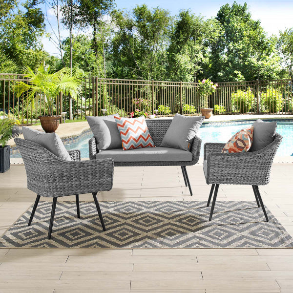 Endeavor 3 Piece Outdoor Patio Wicker Rattan Loveseat and Armchair Set Gray Gray by Modway