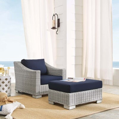 Conway Sunbrella Outdoor Patio Wicker Rattan 2-Piece Armchair and Ottoman Set Light Gray Navy by Modway