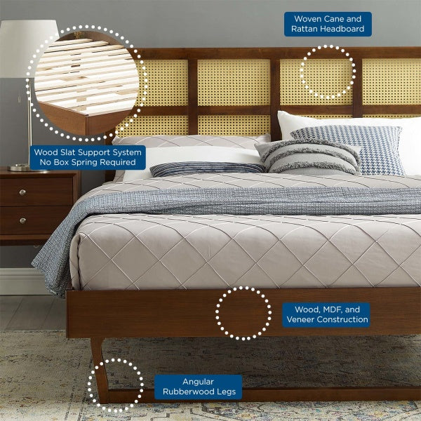 Sidney Cane and Wood King Platform Bed With Splayed Legs in Walnut By Modway