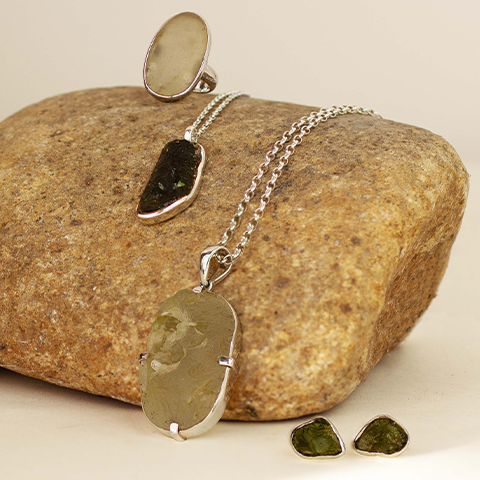 Made In Earth Designed Jewellery. Moldavite and Libyan Desert Glass.