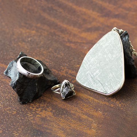 Made In Earth Jewellery. Meteorite rings and pendant.