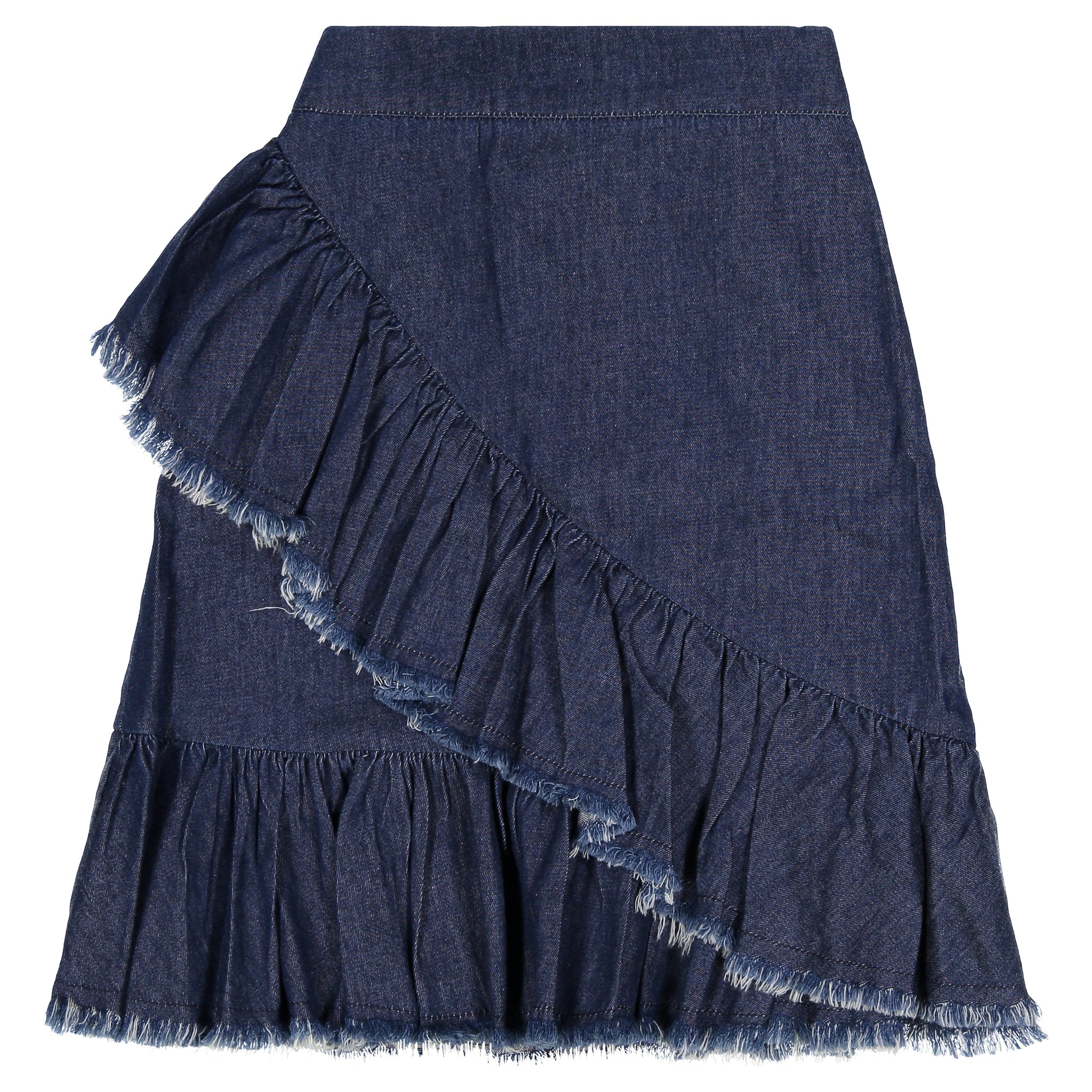 Girls Denim Crossover Ruffle Skirt modest tznius skirt past the knee ...