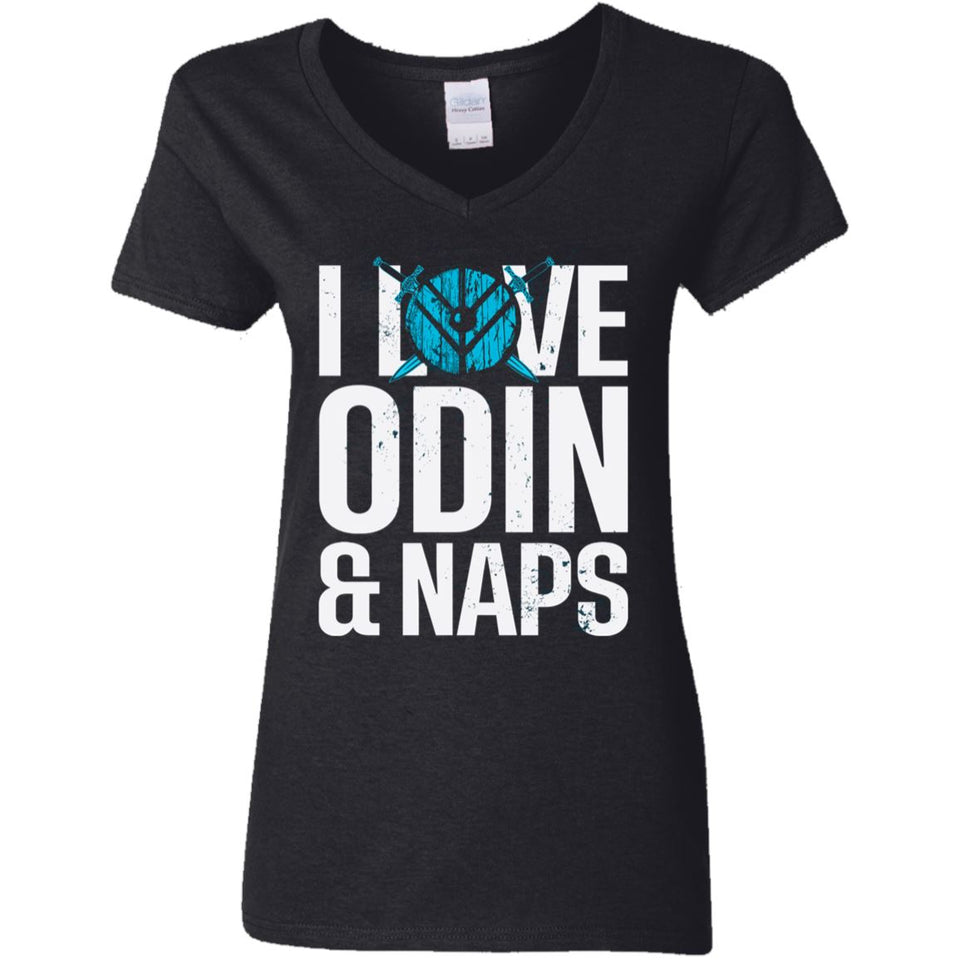Shieldmaiden, Viking, Norse, Gym t-shirt & apparel, I love Odin & naps,frontApparel[Heathen By Nature authentic Viking products]Ladies' V-Neck T-ShirtBlackS