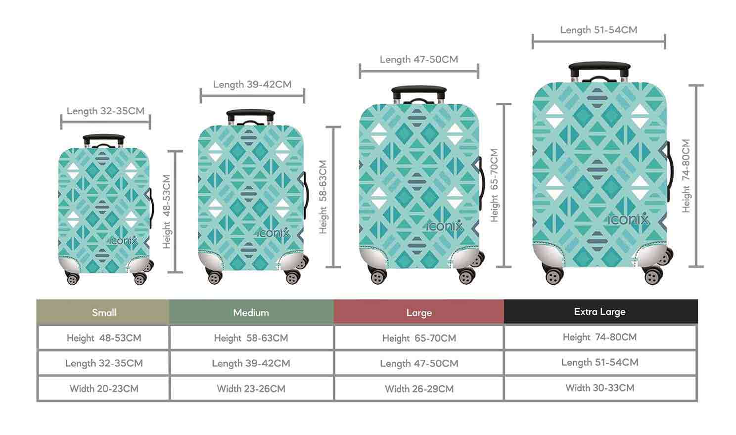 Size Chart for Iconix Blue Diamonds Printed Luggage Protector