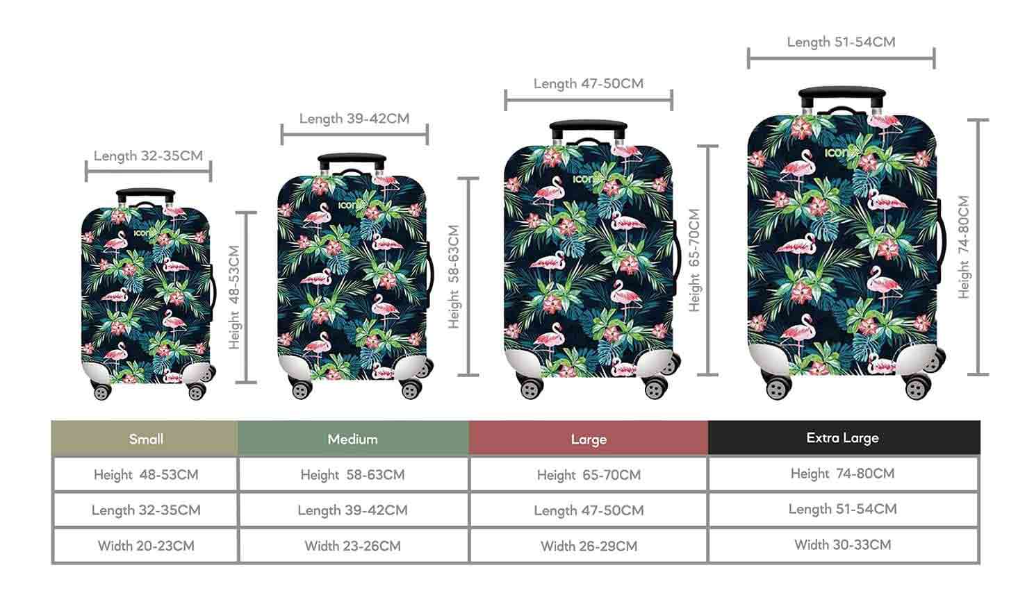 Size Chart for Iconix Flamingo Festival Printed Luggage Protector