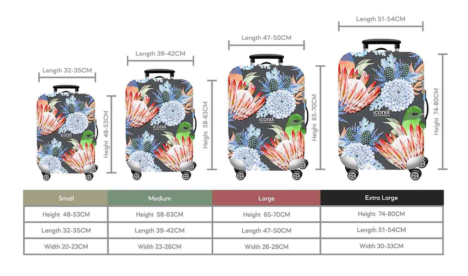Size Chart for Iconix Floral Festival Printed Luggage Protector