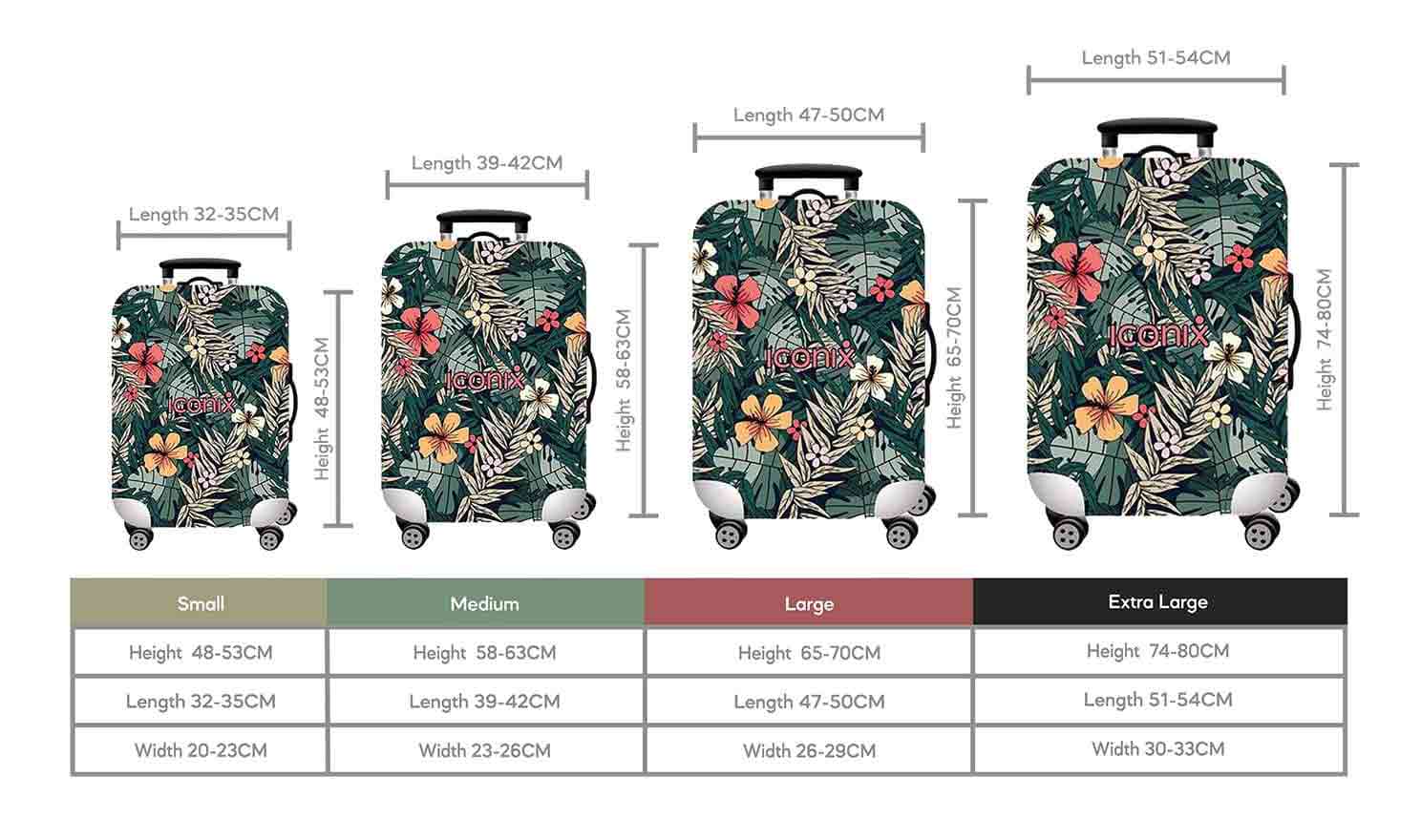 Size Chart for Iconix Forest Fun Printed Luggage Protector