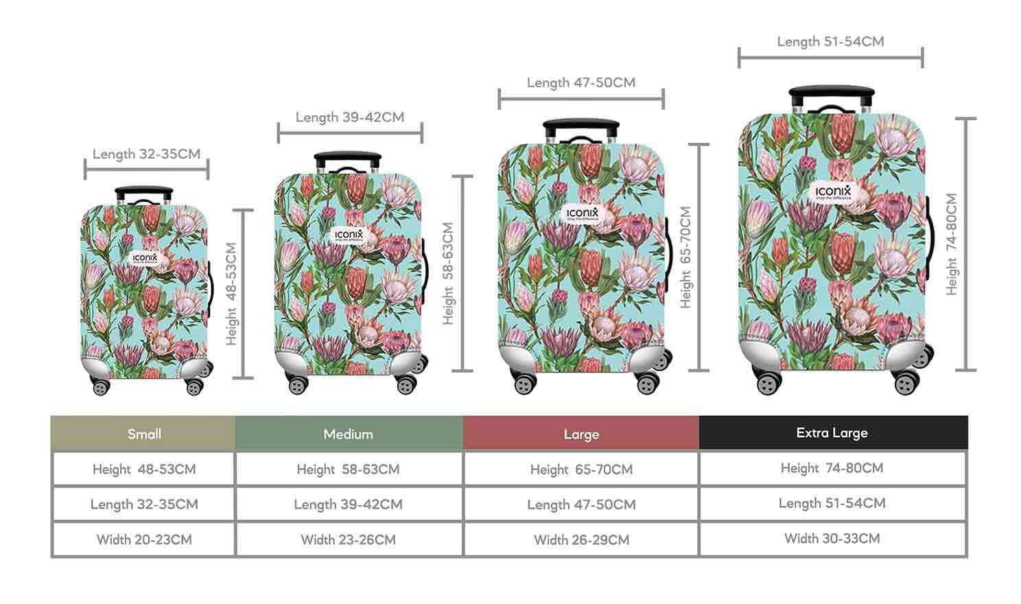 Size Chart for Iconix Pink Protea Printed Luggage Protector