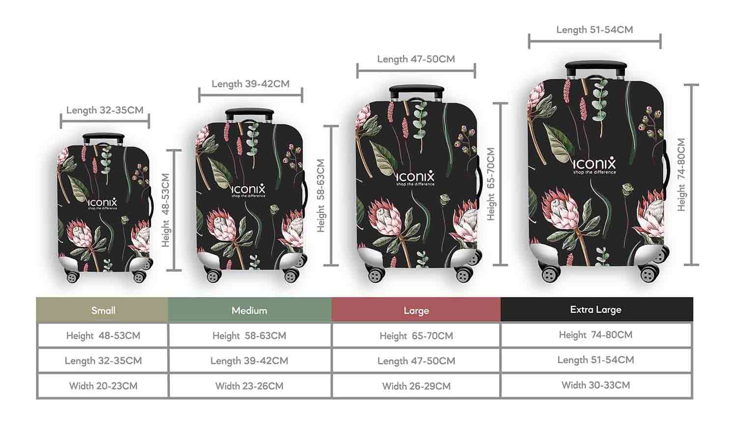 Size Chart for Iconix Protea Beauty Printed Luggage Protector