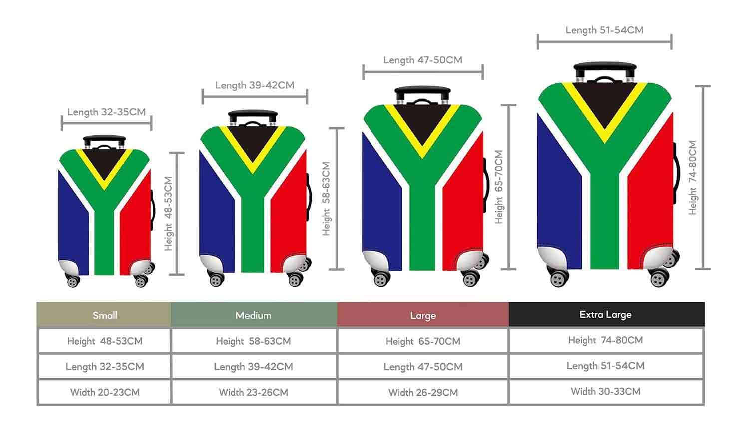 Size Chart for Iconix South Africa Printed Luggage Protector
