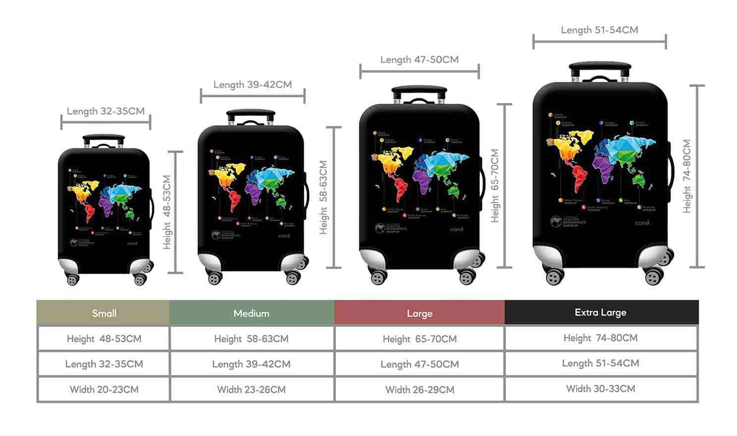 Size Chart for Iconix World Map Printed Luggage Protector