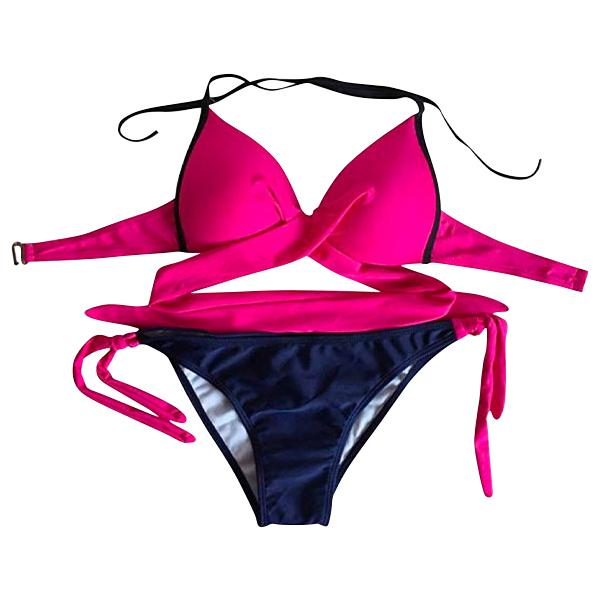 Padded Criss Cross Bikini Set Swimsuit In Hot Pink 5432