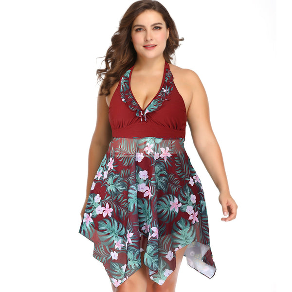 Women's Plus Size Blue and Coral Flair Two-Piece Swimsuit