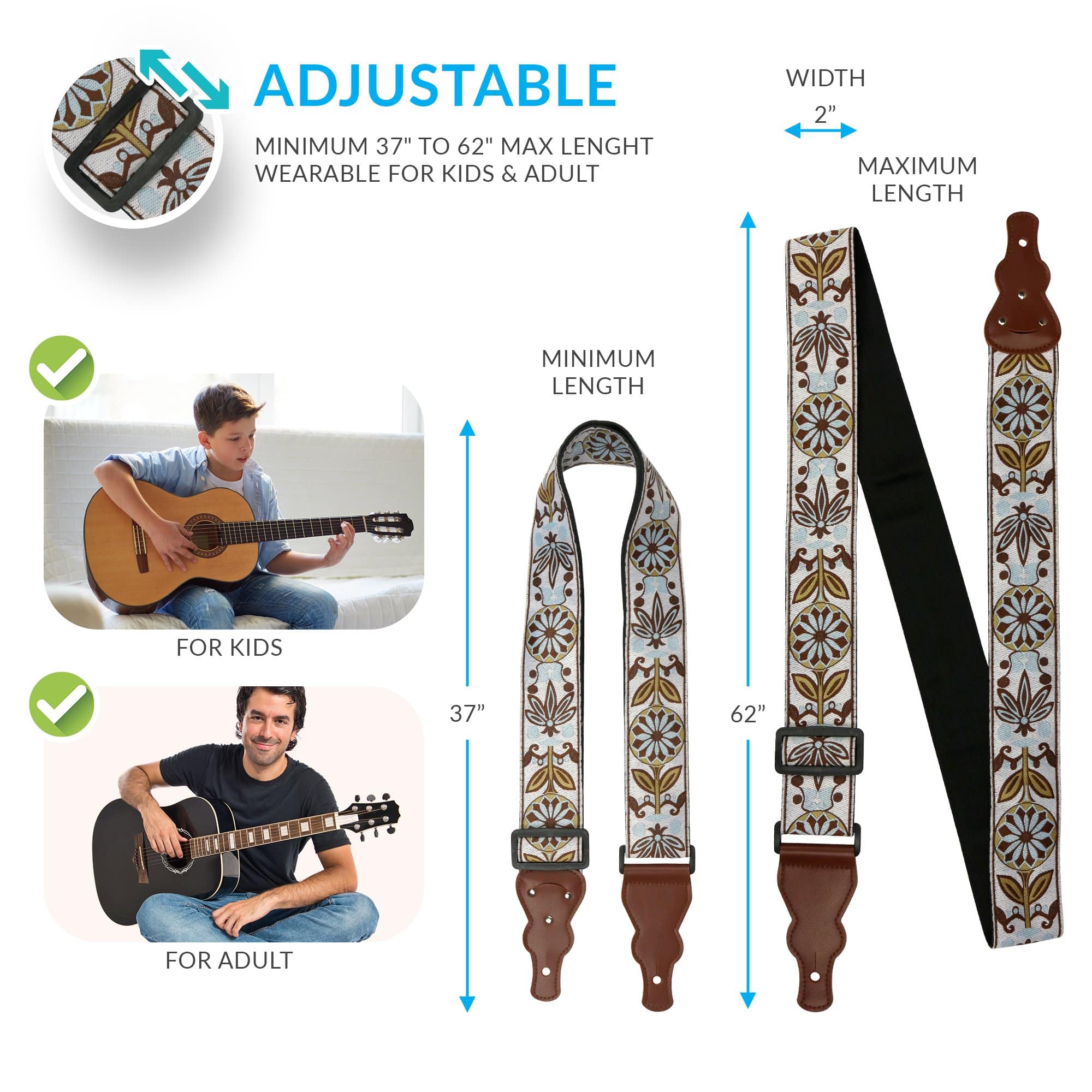 Art Tribute Guitar Strap Woven Adjustable W/FREE BONUS 2 Picks + Strap  Locks + Strap Button. Rose Flowers Guitar Strap for Bass, Electric &  Acoustic