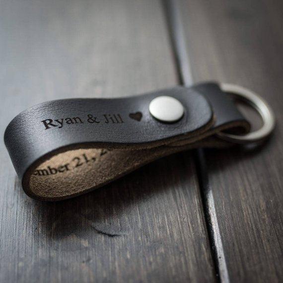 Leathe Key Chain -Customized Keychain, Personalized Keychain, Leather Key Chain, Monogram, Anniversary Engraved keychain - Black - BOSTON CREATIVE COMPANY