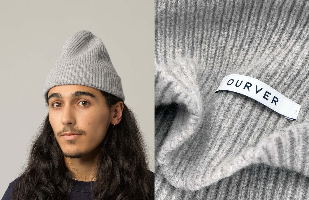 ourver pure new wool beanie grey colour with logo label close up, made in Scotland