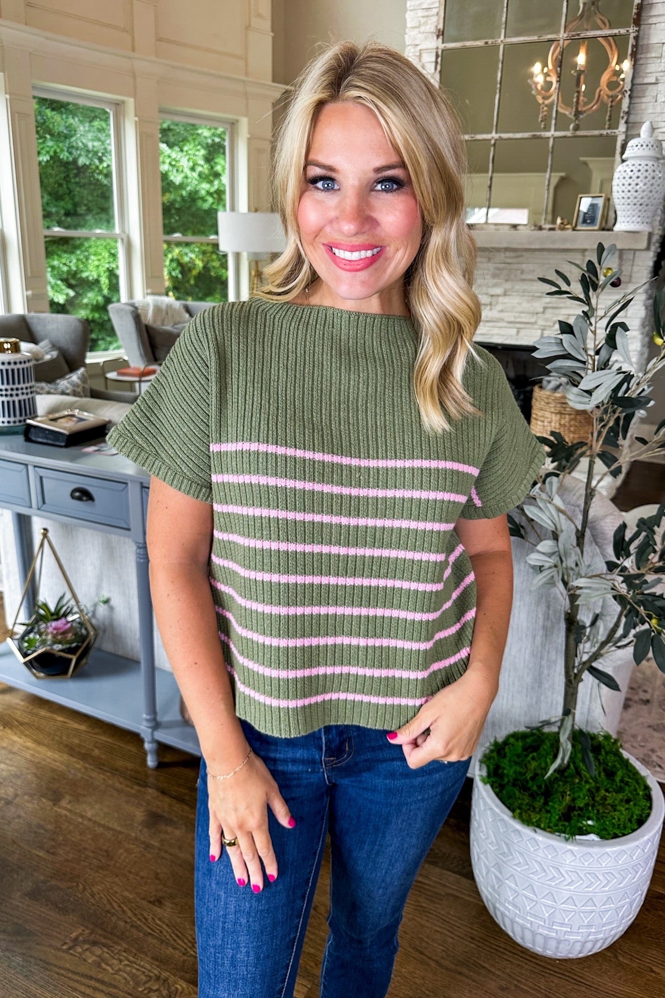 Cropped Striped Knit Top in Olive