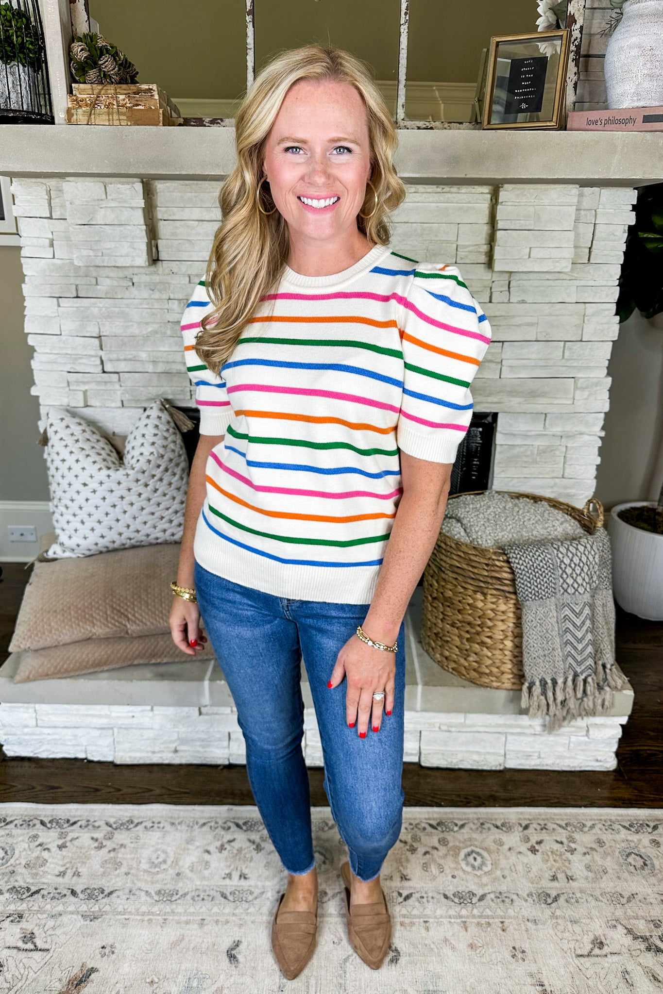 The Cutest Multi Color Striped Cream Sweater Top