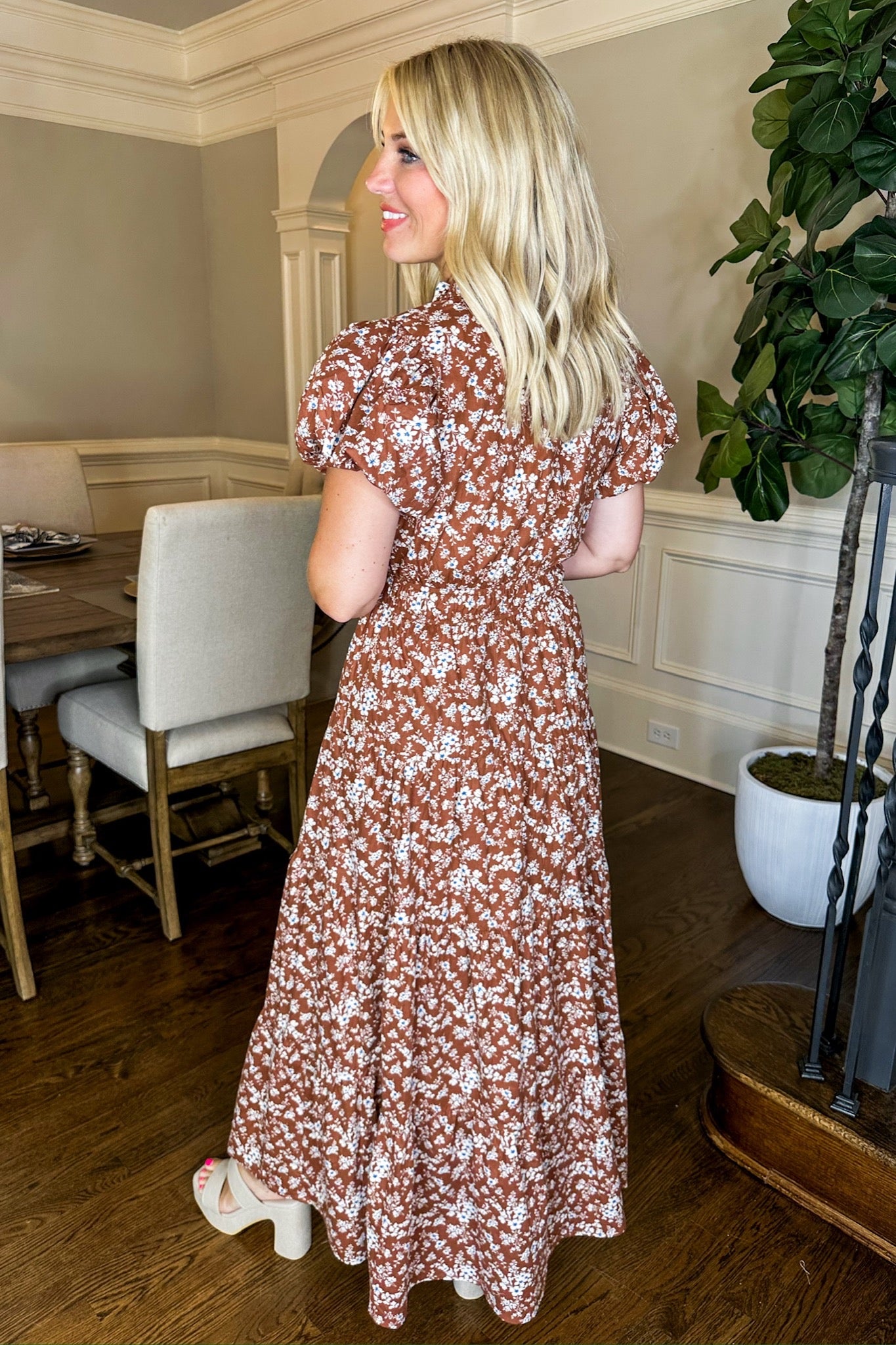 Best Selling Puff Sleeve Floral Maxi Dress in Camel