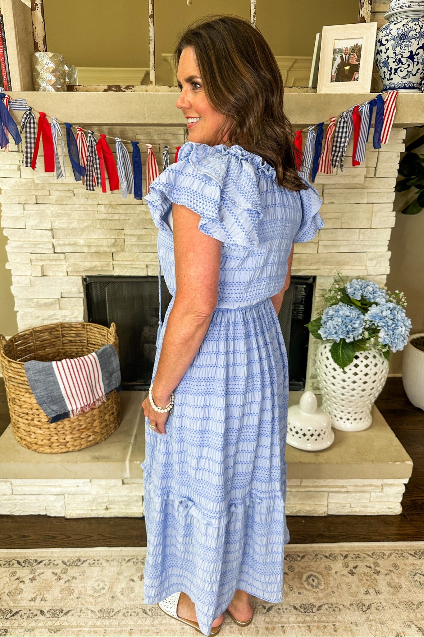 Blue Textured Striped Ruffle Sleeve Tiered Midi Dress