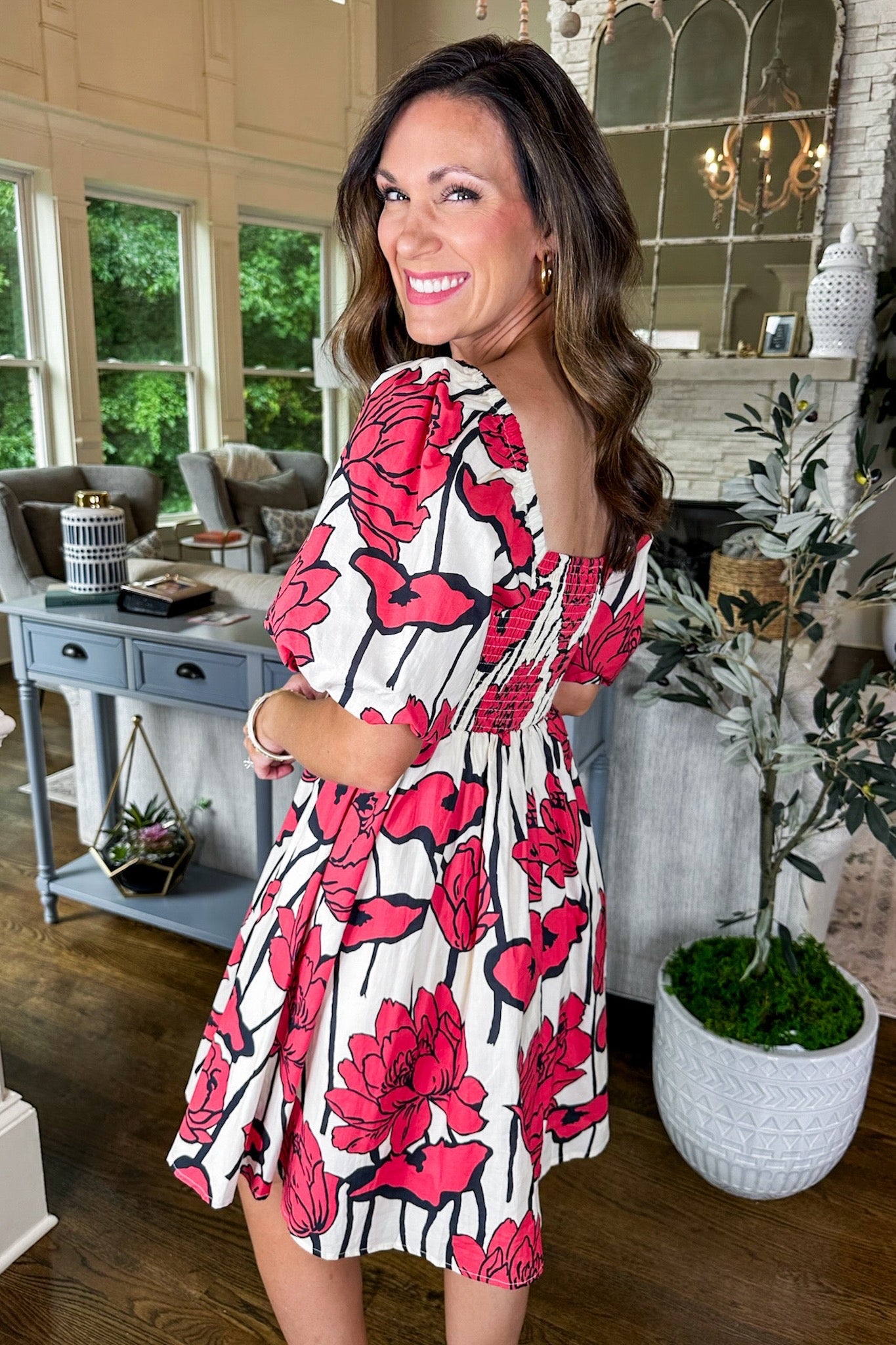 Embroidered Scallop Trim Peony Floral Dress in Red