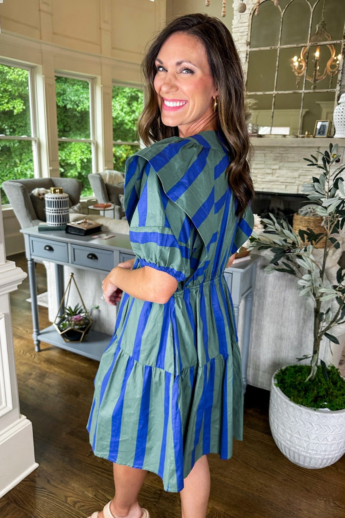 Modern Ruffle Sleeve Stripe Tiered Dress in Green