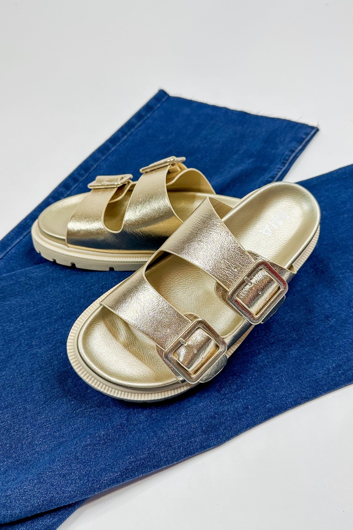 Gold Metallic Slip On Double Buckle Sandal