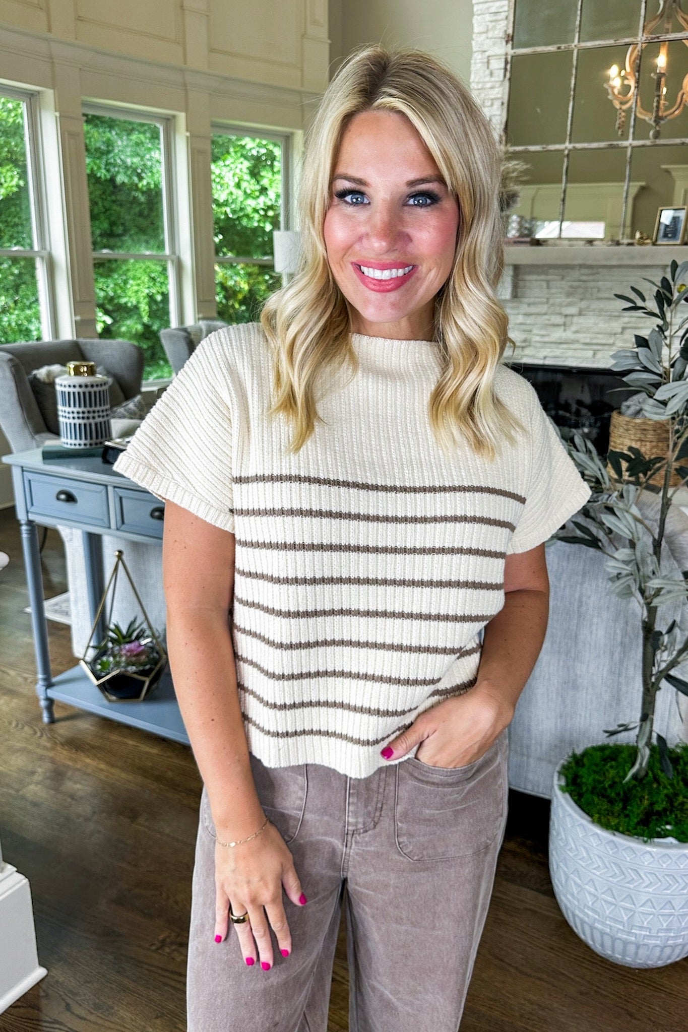 Cropped Striped Knit Top in Mocha