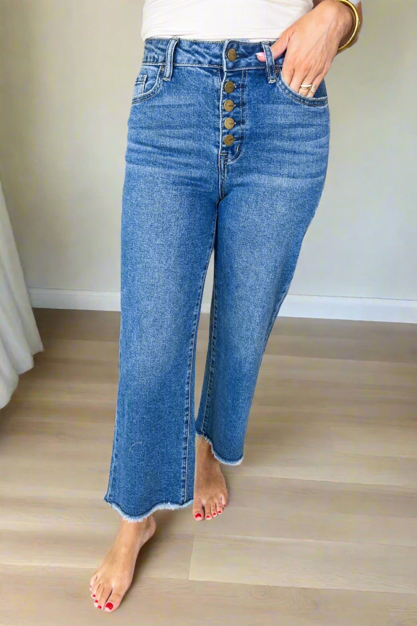 Button Fly High Rise Wide Leg Crop Mica Jeans