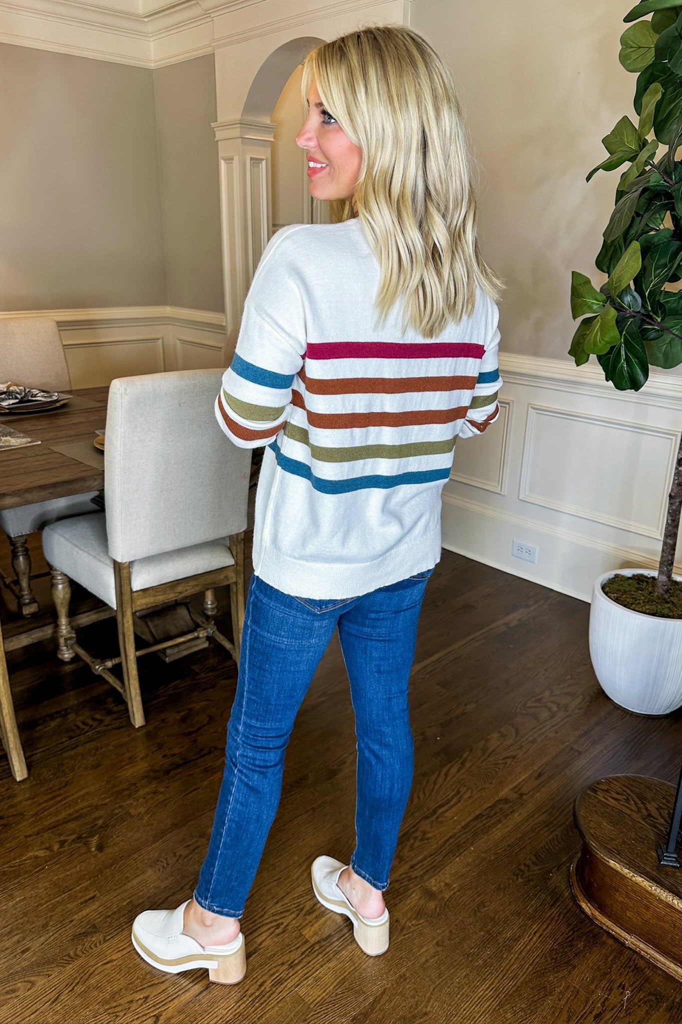 Multi Color Fall Toned Striped Off White Sweater Top