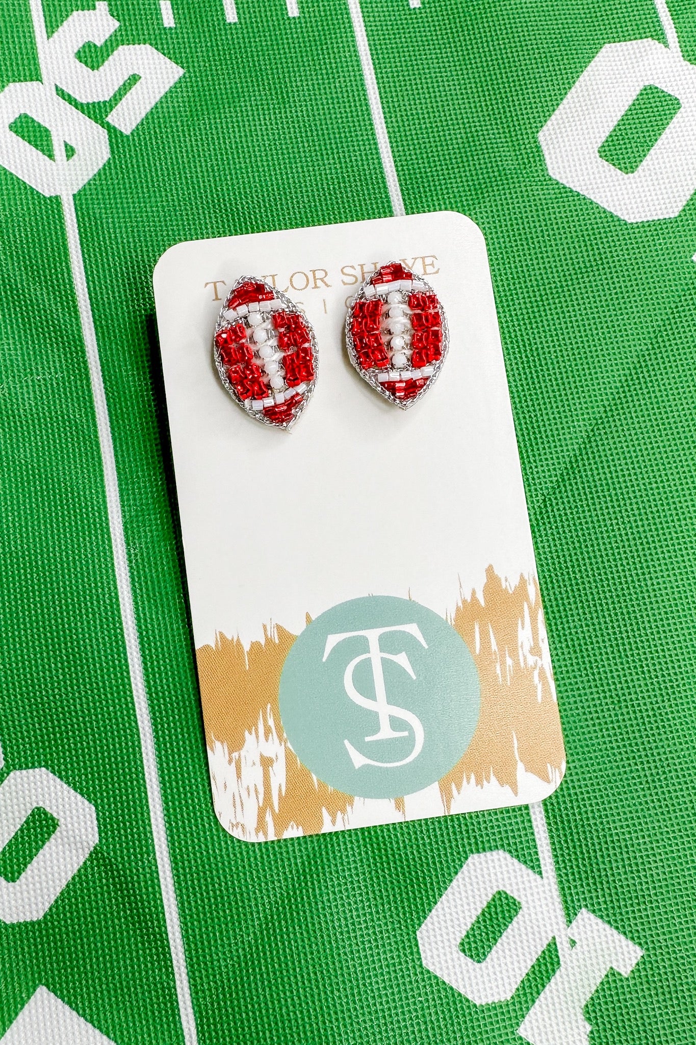 Beaded Red & White Football Stud Earrings by Taylor Shaye