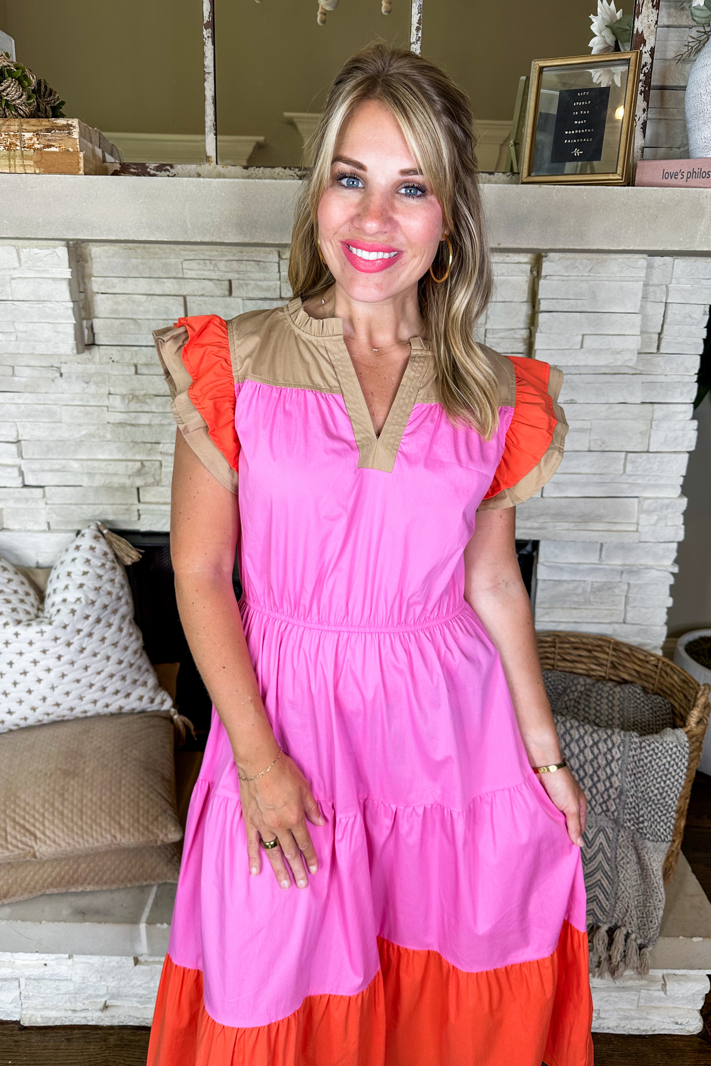 Pink Orange Contrast Ruffle Tiered Midi Dress