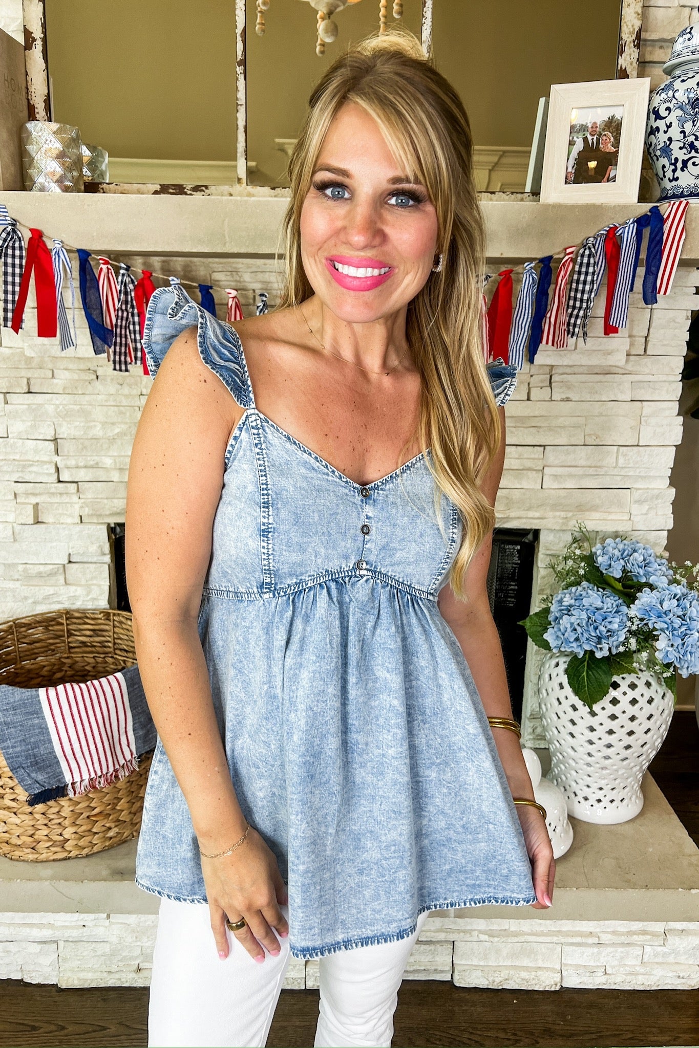 Ruffle Sleeve Babydoll Chambray Adjustable Tank Top