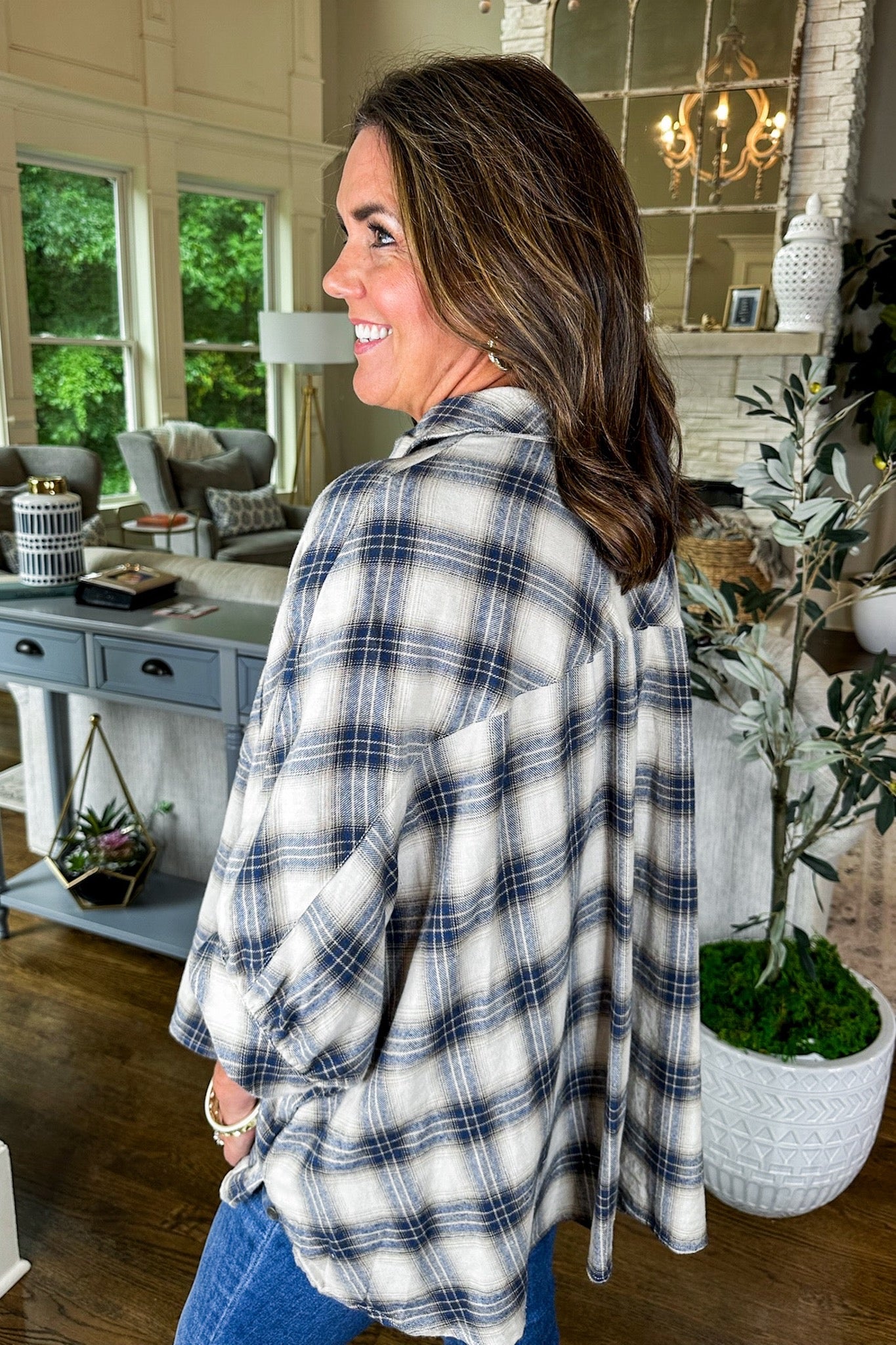 Patch Pocket Button Down Plaid Poncho Top in Taupe