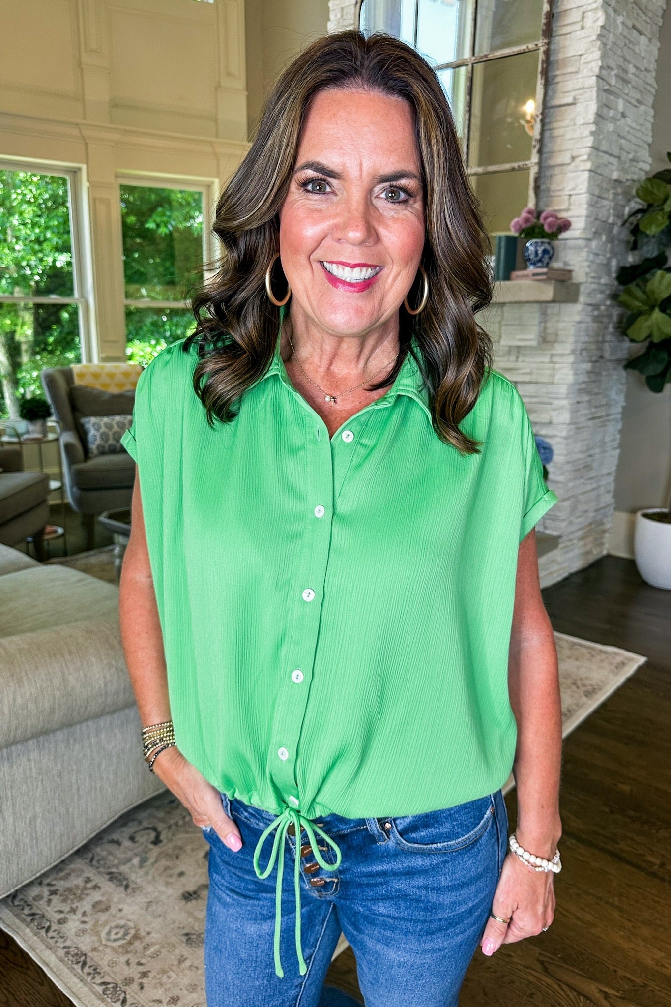 Button Down Tie Waist Collared Satin Top in Green