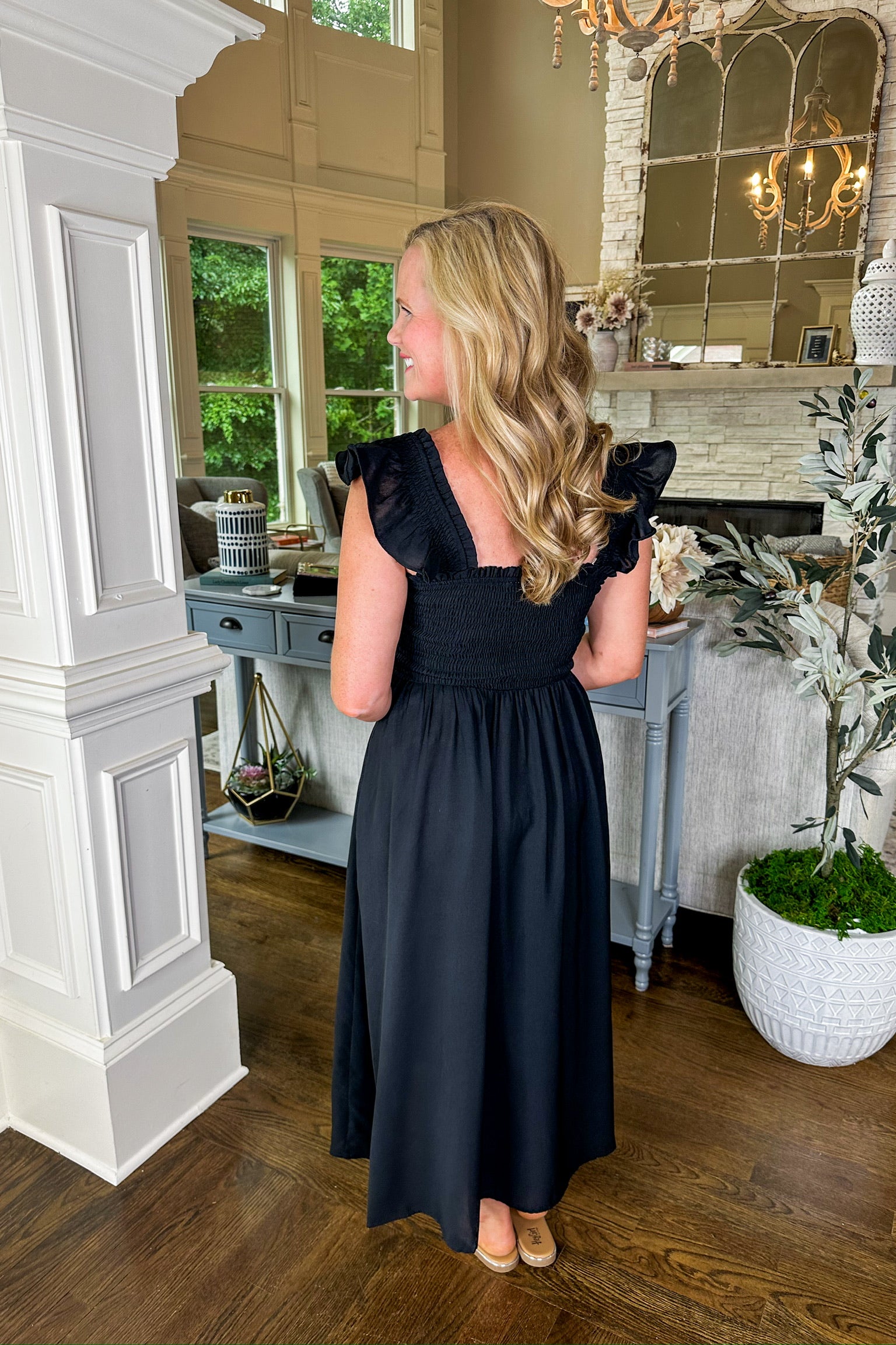 Smocked Ruffle Sleeve Classic Black Midi Dress