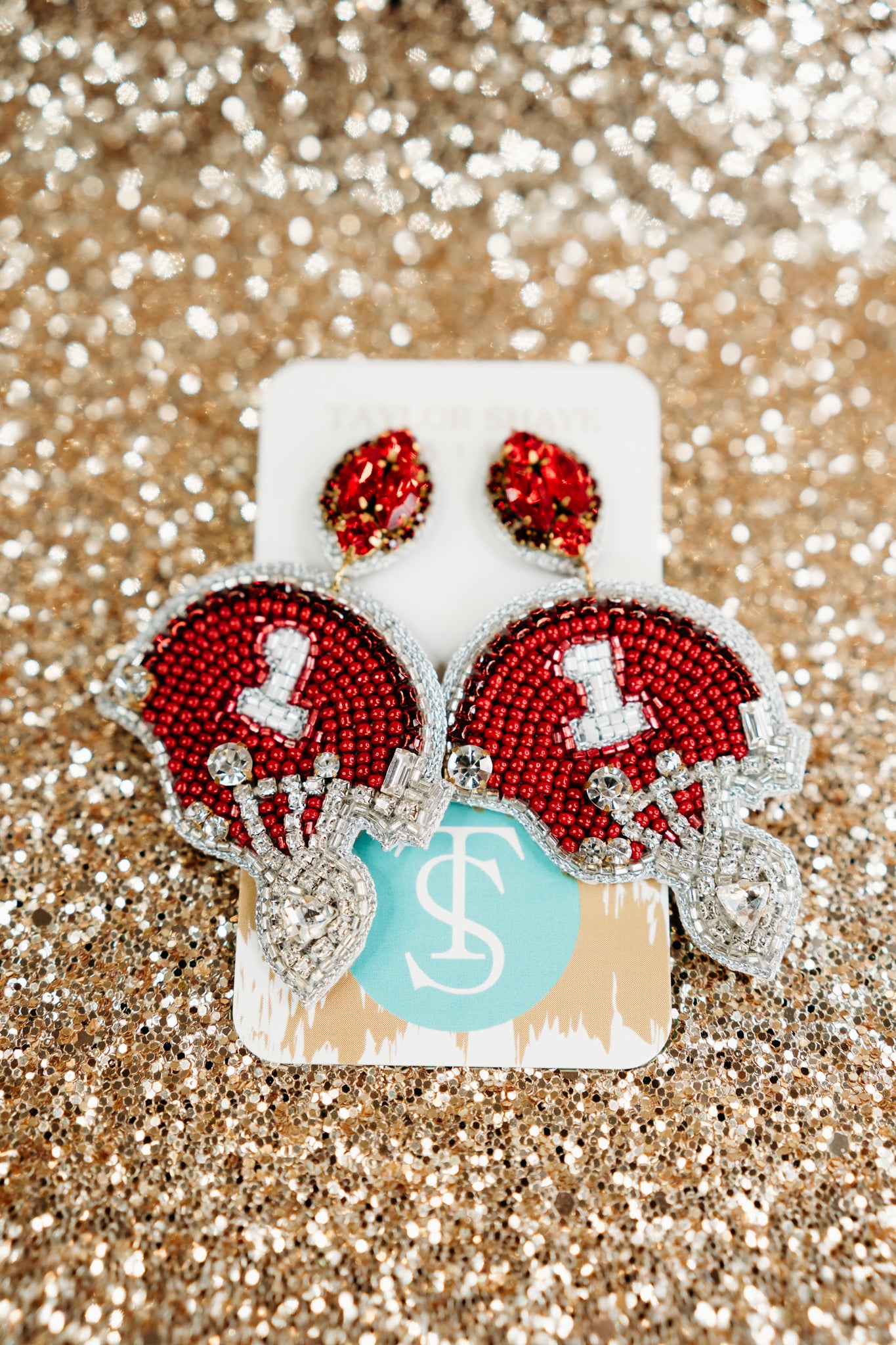 Beaded Red Football Helmet Earring by Taylor Shaye