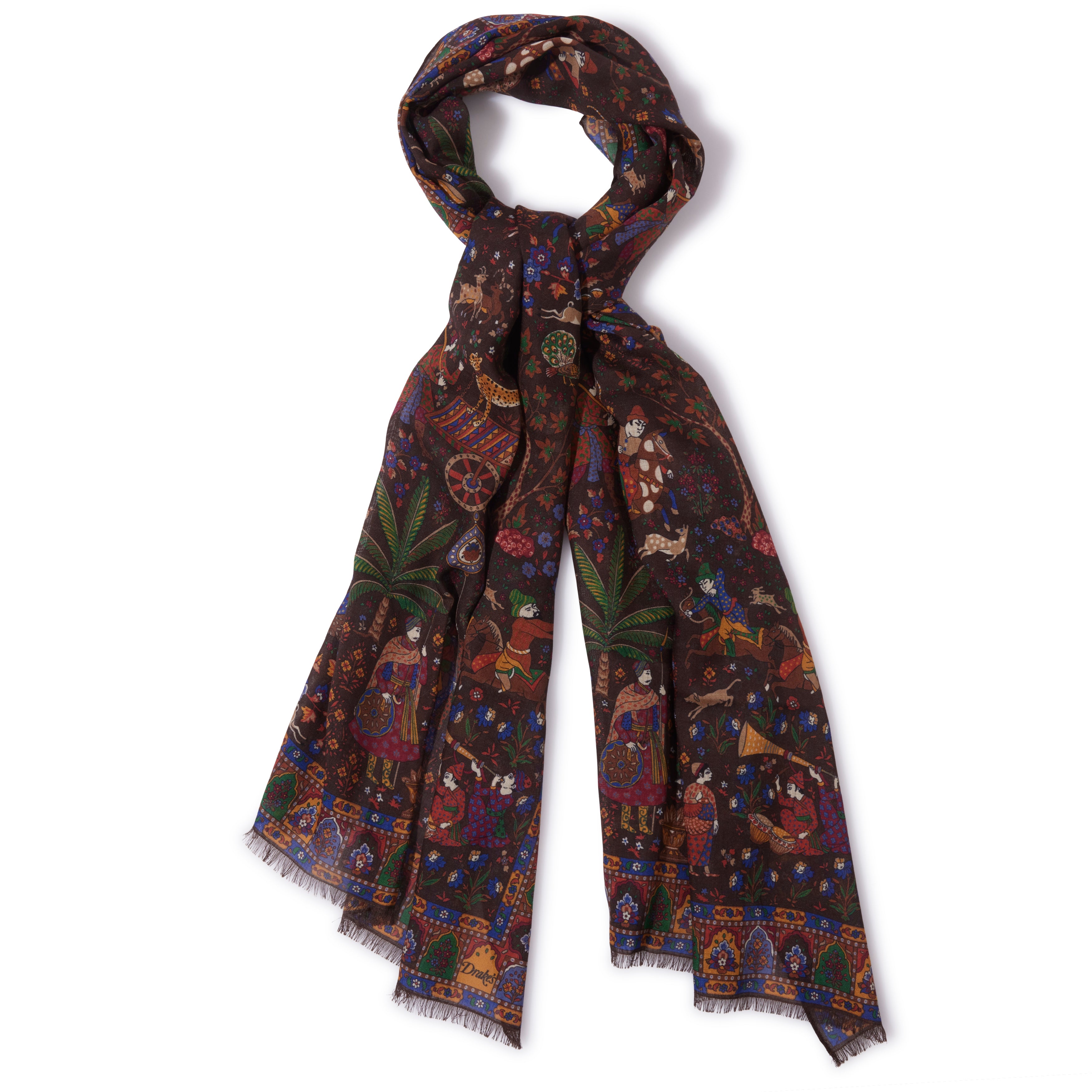 Drake's Mughal Hunter Wool-Silk Scarf Brown