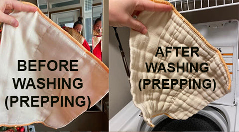before and after washing prepping prefold cloth diaper