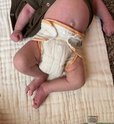 workhorse newborn organic cloth diaper on a 3 week old baby