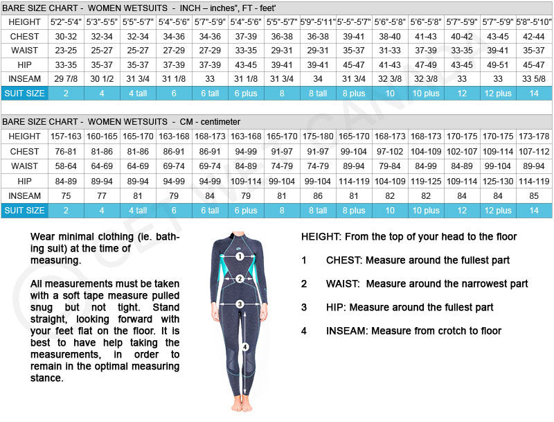 Bare wetsuit size chart women